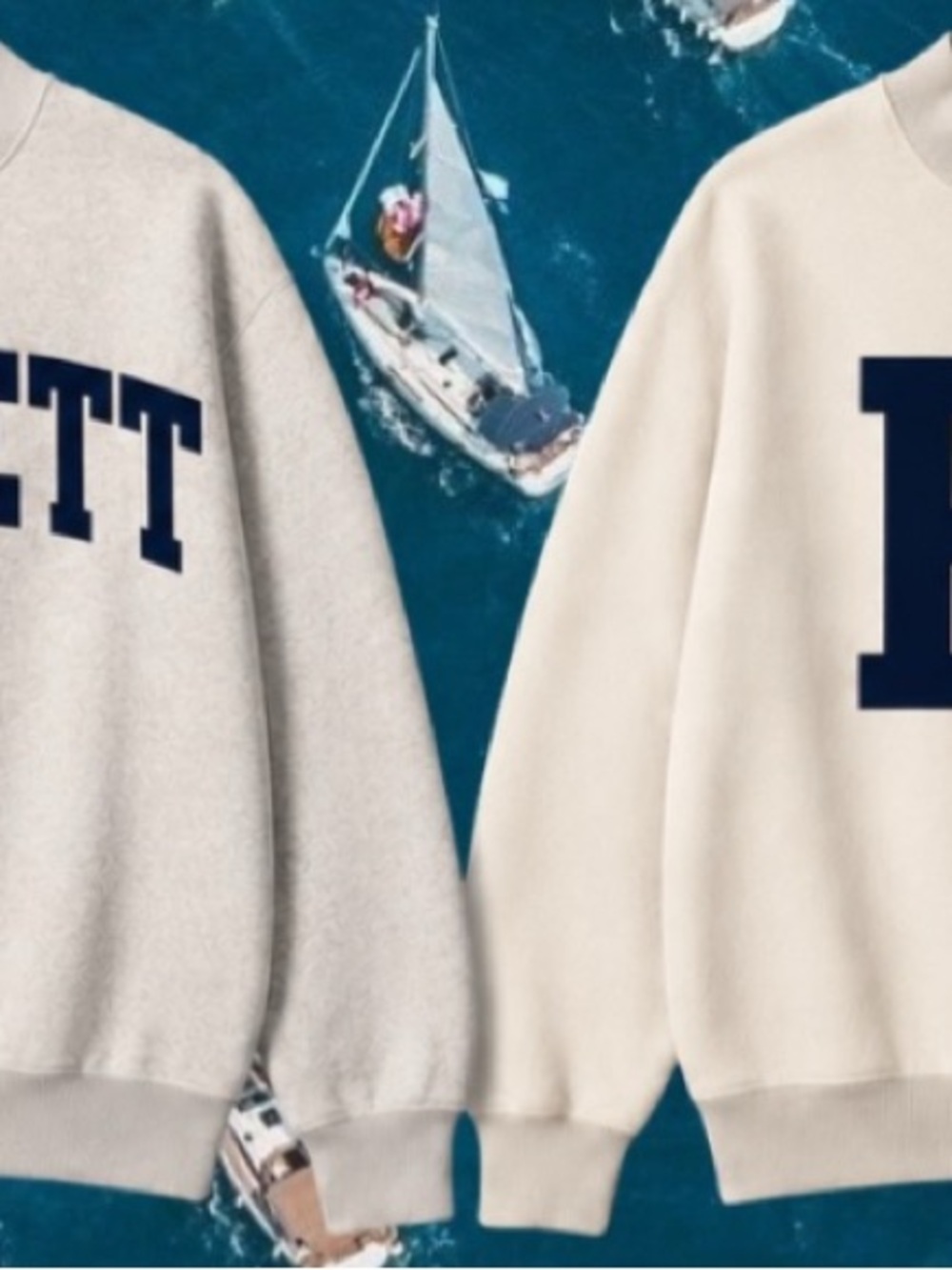 Cream reversible Mockneck Sweatshirt with Navy Lettering